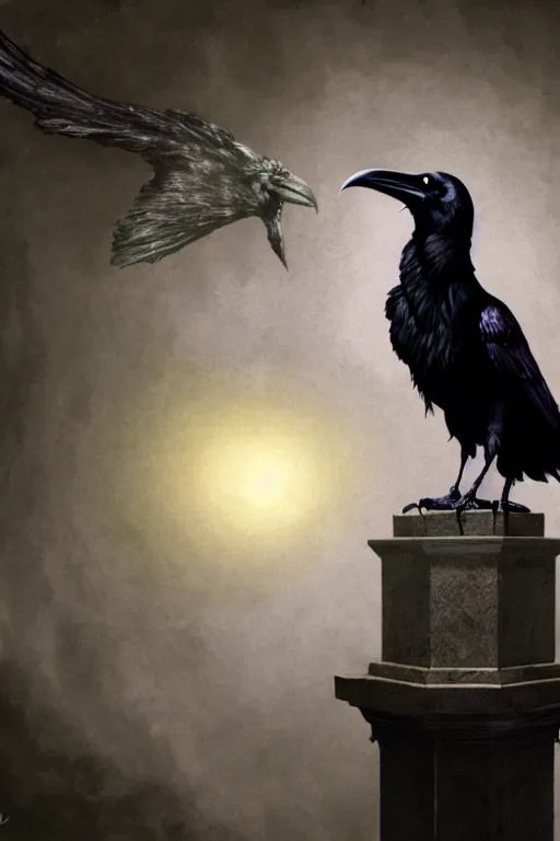 Prompt: realistic raven perched on a statue of a beautiful woman in a dark gothic room, gothic light, cinematic light, by wayne barlowe, peter mohrbacher, kelly mckernan, james o barr, 8 k, dark fantasy