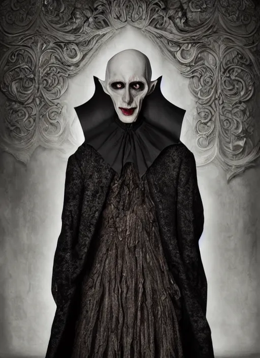 Prompt: a portrait of nosferatu by erwin olaf and nekro borja, photorealistic, intricate details, hyper realistic, dark fantasy, rococo onyx headpiece, crystals, photorealistic, canon r 3, photography, symmetrical features, symmetrical pose, wide angle shot, head to toe, standing pose, feet on the ground