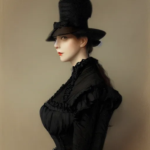 Image similar to a beautiful young woman, pale skin, black long hair, aristocrat, black expensive dress from 1 8 6 0, oil painting, digital art, studio photo, realistic, artstation, high quality, wild west