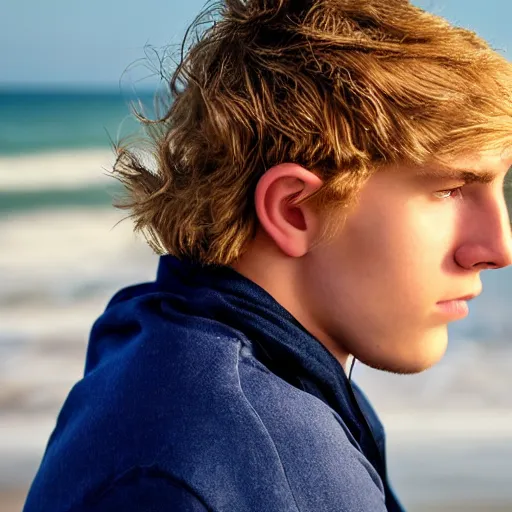 Image similar to portrait of a beautiful teenage boy around 2 0 yo. natural blonde hair, pale skin. beach background. detailed face.