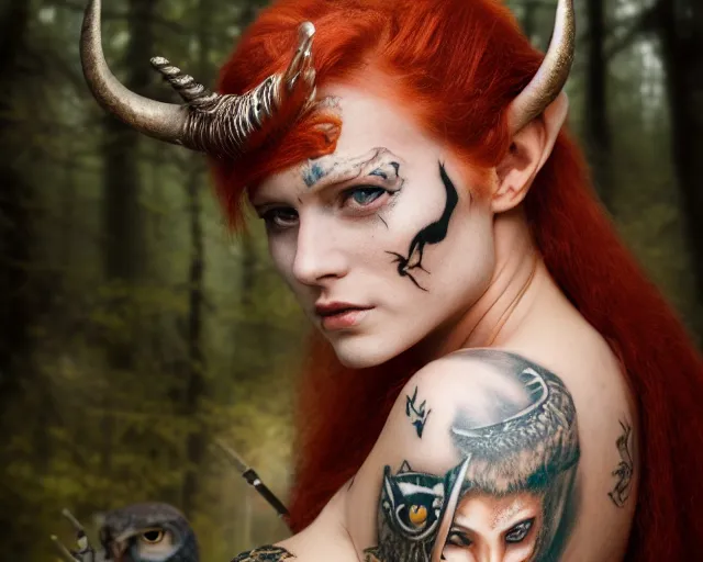 Image similar to 5 5 mm portrait photo of an armored gorgeous anesthetic redhead woman warrior with a face tattoo and horns growing from her head, and owl sitting on her shoulder in a magical forest in the style of stefan kostic, art by luis royo. highly detailed 8 k. intricate. lifelike. soft light. nikon d 8 5 0. cinematic post - processing