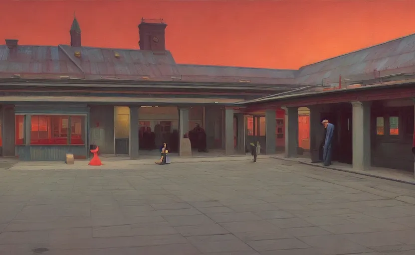 Image similar to Train station, Edward Hopper and James Gilleard, Zdzislaw Beksinski, Mark Ryden, Wolfgang Lettl highly detailed