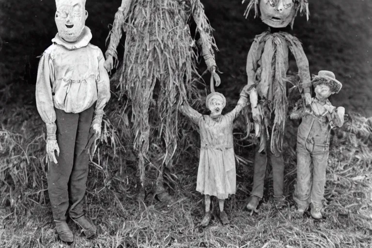 Image similar to disturbing scarecrow from the early 1 9 0 0's leading children into the burning cornfields