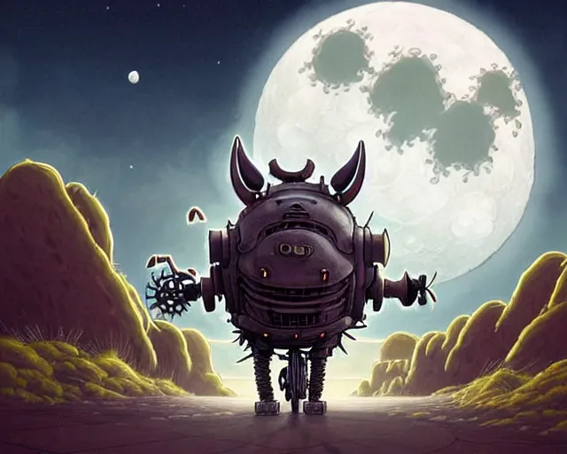 Prompt: a cell shaded grey lovecraftian mechanized wolf from howl's moving castle ( 2 0 0 4 ), with a big head, on a desert road, wide shot, in front of a big moon, muted colors, post grunge, josan gonzales, wlop, by james jean, victor ngai, hq, deviantart, art by artgem