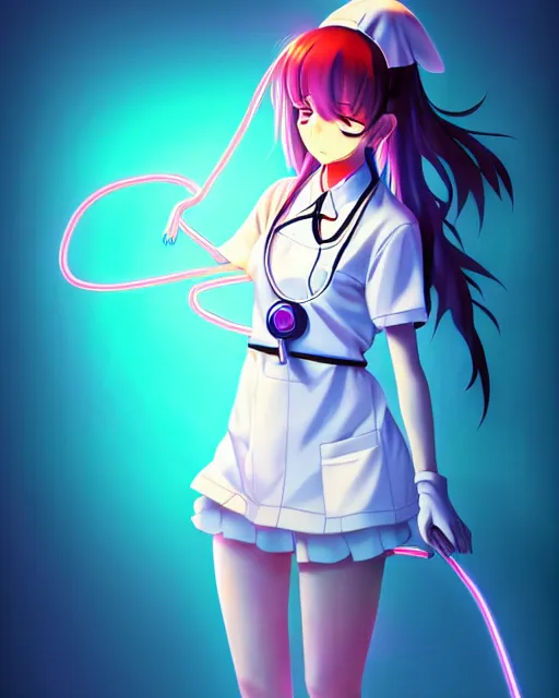 Prompt: anime style, vivid, expressive, full body, 4 k, painting, a cute magical girl with a long wavy hair wearing a nurse outfit, correct proportions, realistic light and shadow effects, neon lights, centered, simple background, studio ghibly makoto shinkai yuji yamaguchi