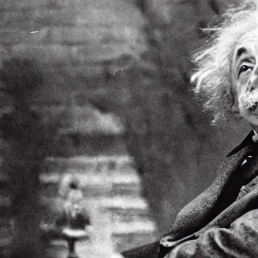 Image similar to a photo of a house burning down in the background and einstein with an eerie expression in the foreground, strong depth of field