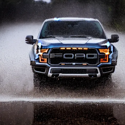 Image similar to the driver seat of a ford raptor in the rain, 4 k high - resolution photograph, ultra detail, hd photo