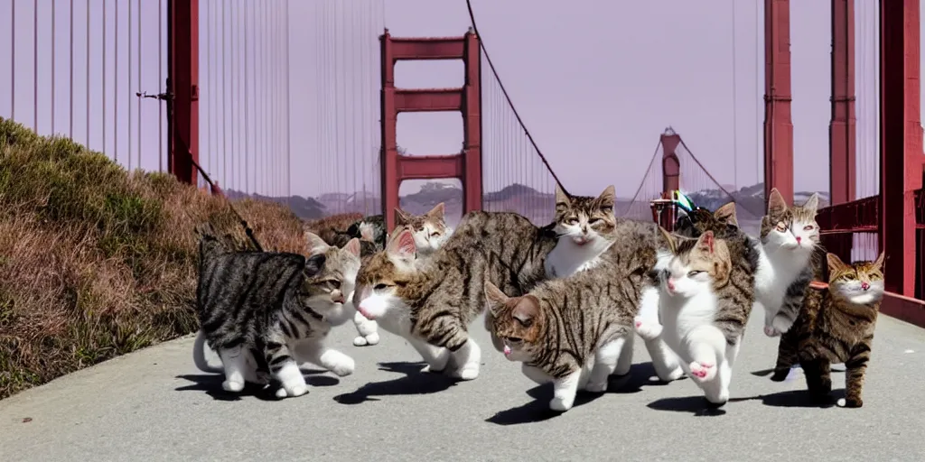 Prompt: cat gang walking across the golden gate bridge