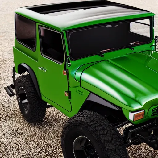 Image similar to closeup of a green Toyota Fj43 build in 1981, black roof, with a roof rack, detailed, by Leonardo da Vinci, 8K, octane render, 8K,