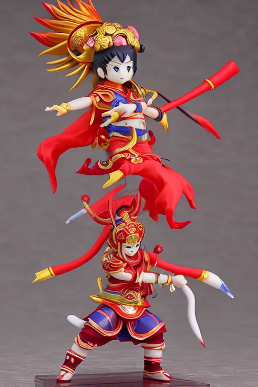 Image similar to arty chinese mythology ne zha nendoroid full body hyperdetalied, hero action pose, osamu tezuka, macoto takahashi, chibi, q posket, 8 k realistic, 3 d, cryengine, exquisite, red cloth around his shoulders, hold spear, ne zha ( 2 0 1 9 ), fenghua zhong,