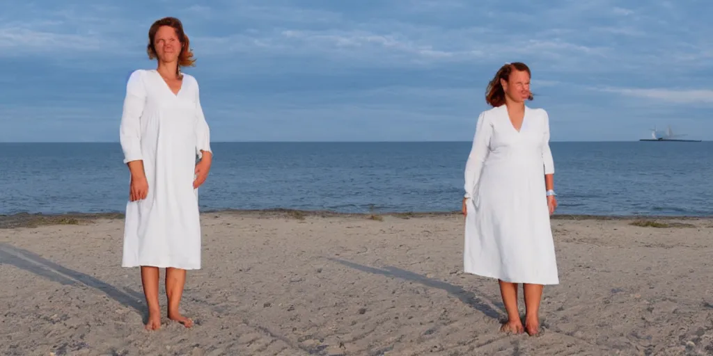 Image similar to a woman wearing a white dress standing on a beach in Denmark, in the style of Peder Severin