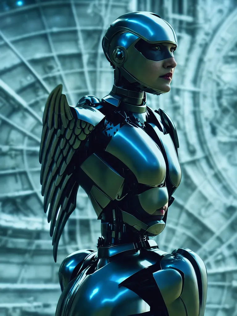 Image similar to film still of a mechanical angel in a marvel movie, science fiction industrial hard science concept art, 8K render octane high definition cgsociety, photorealistic, unreal engine 5