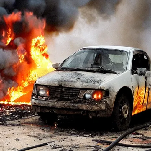 Prompt: movie still of a burning car from the series radebank,