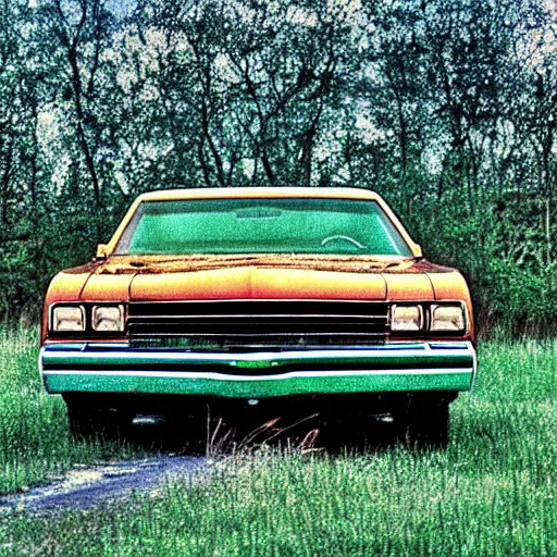 Prompt: A photograph of a rusty!!!!!!!!!, worn out!!!!!!!!!!, broken down!!!!!!!!!!, beater!!!!!!!!! Powder Blue Dodge Aspen (1976) in a farm field, photo taken in 1989