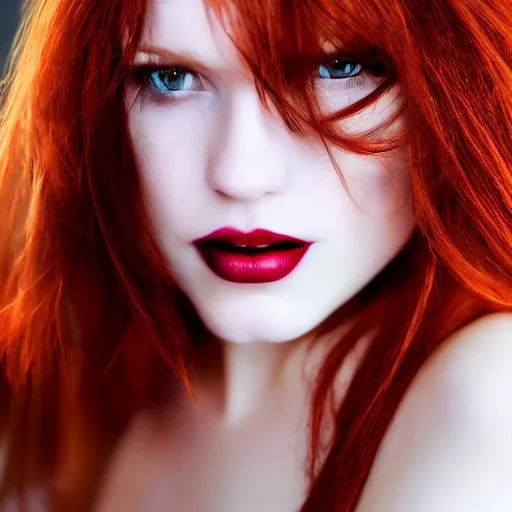 Prompt: beautiful redhead woman, vampire, closeup