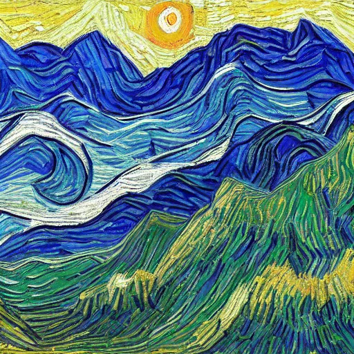 Prompt: Mountain Range in the style of Van Gogh and Chris van Dijk, 4k extreme detail, masterpiece of impressionism