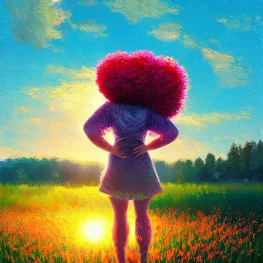 Image similar to girl with flower afro, standing in a field with flowers, hills, big trees, sunrise dramatic light, impressionist painting, colorful clouds, digital painting, pointillism, artstation, simon stalenhag