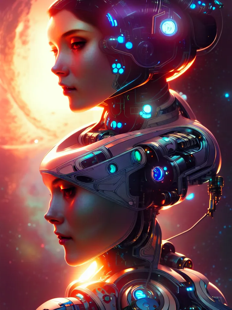 Image similar to ultra realistic, beautiful female cyborg in a space capsule, sci-fi, cyberpunk, concept art, intricate details, eerie, highly detailed, octane render, 8k, art by artgerm and alphonse mucha and moebius