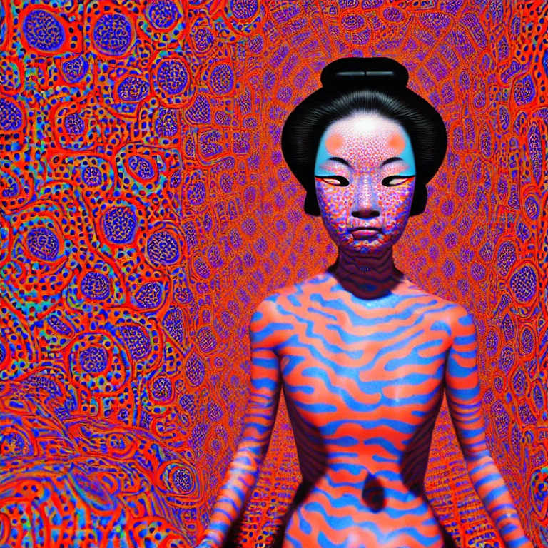 Image similar to realistic detailed image of a geisha in a padded room, 8 k conjuring psychedelic background, part by yayoi kusama, part by alex gray, part by ross tran, part by james jean, ultra realistic, highly detailed, life like face, detailed body, 8 k, octane render, trending on artstation, very cohesive, masterpiece