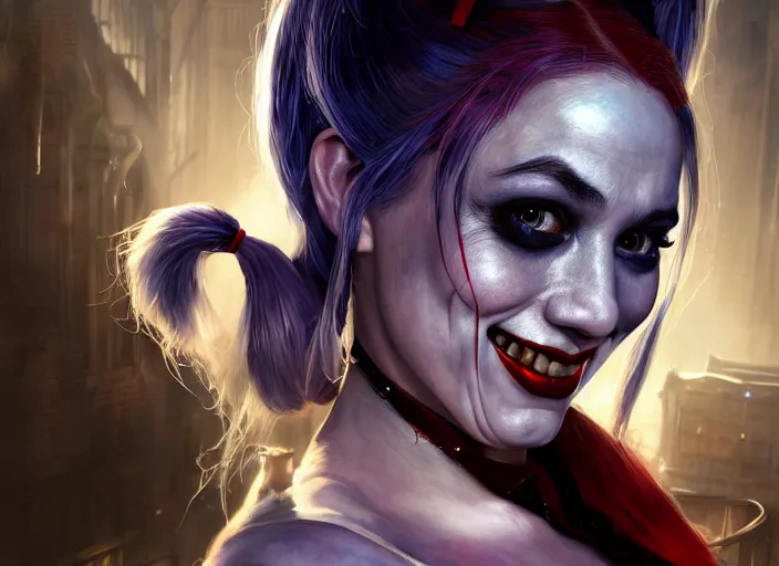 Image similar to highly detailed portrait of a beautiful harley quinn, in batman : arkham asylum, stephen bliss, 8 k, unreal engine, fantasy art by greg rutkowski, loish, rhads, ferdinand knab, makoto shinkai and lois van baarle, ilya kuvshinov, rossdraws, tom bagshaw, global illumination, radiant light, detailed and intricate environment