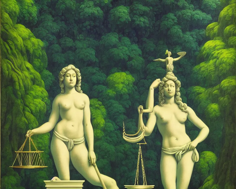 Prompt: achingly beautiful print of lady justice outside a temple in the rainforest by raphael, hopper, and rene magritte. detailed, romantic, enchanting, trending on artstation.