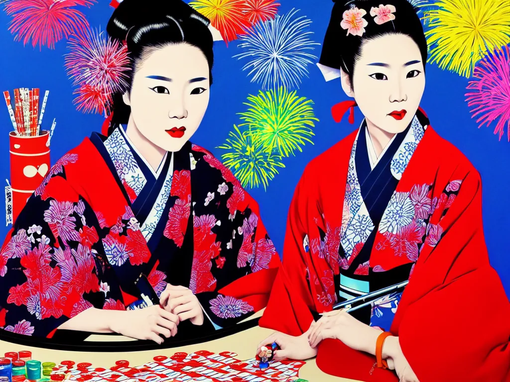 Image similar to hyperrealistic composition of the detailed woman in a japanese kimono sitting at a poker table with detailed darth vader, fireworks, beautiful mountain in the background, pop - art style, jacky tsai style, andy warhol style, acrylic on canvas