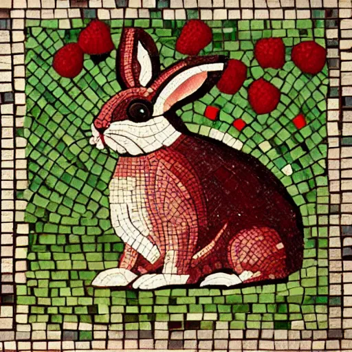 Image similar to a rabbit eating raspberries in the style of ancient mosaic