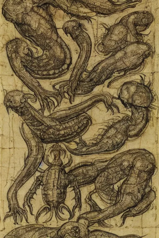 Image similar to manuscript page with diagrams of shoggoths by leonardo da vinci, sketches, scientific studies, anatomy studies, academic art, intricate