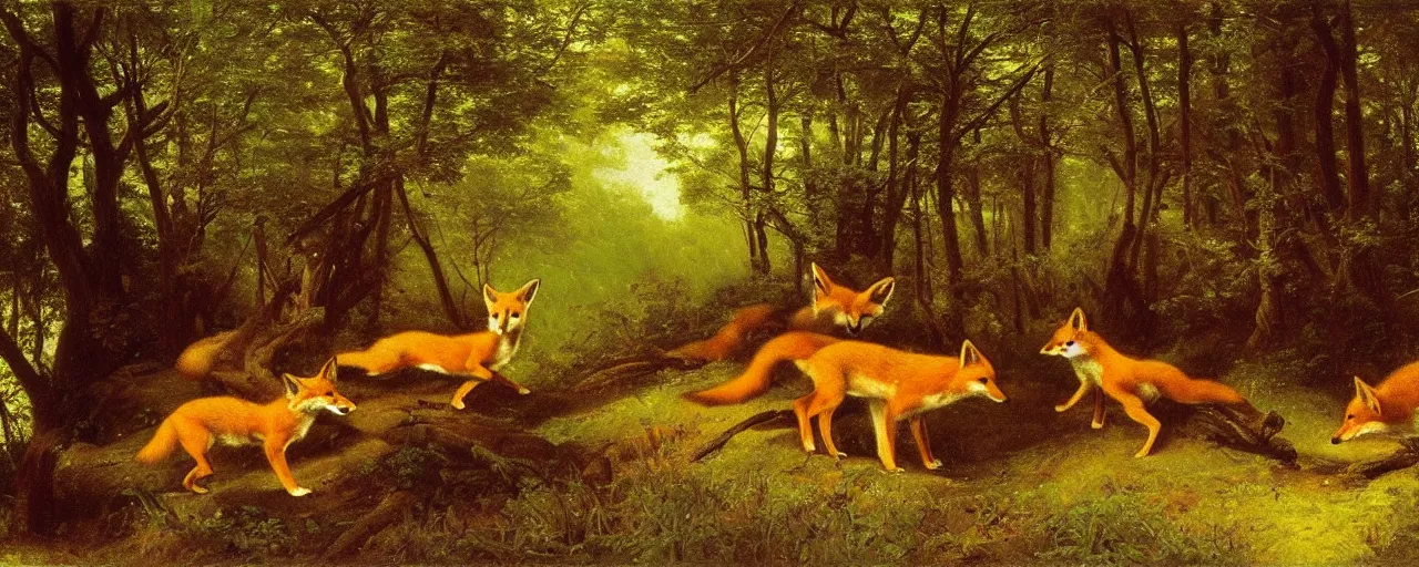 Image similar to foxes in the forest, by albert bierstadt