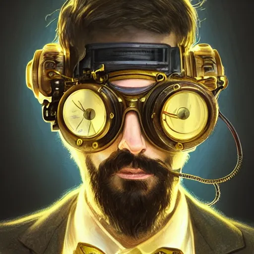 Image similar to an inventor, steampunk goggles, thin beard, messy black hair, d & d, solid yellow background, fantasy, intricate, cinematic lighting, highly detailed, digital painting, artstation, concept art, smooth, sharp focus, illustration, art by artgerm and greg rutkowski and alphonse mucha