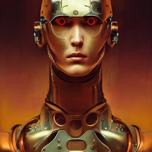 Prompt: portrait of a male android, coy, circuitry visible in head, in the style of ex machina, karol bak, alphonse mucha, greg rutkowski, award winning, hr giger, artstation