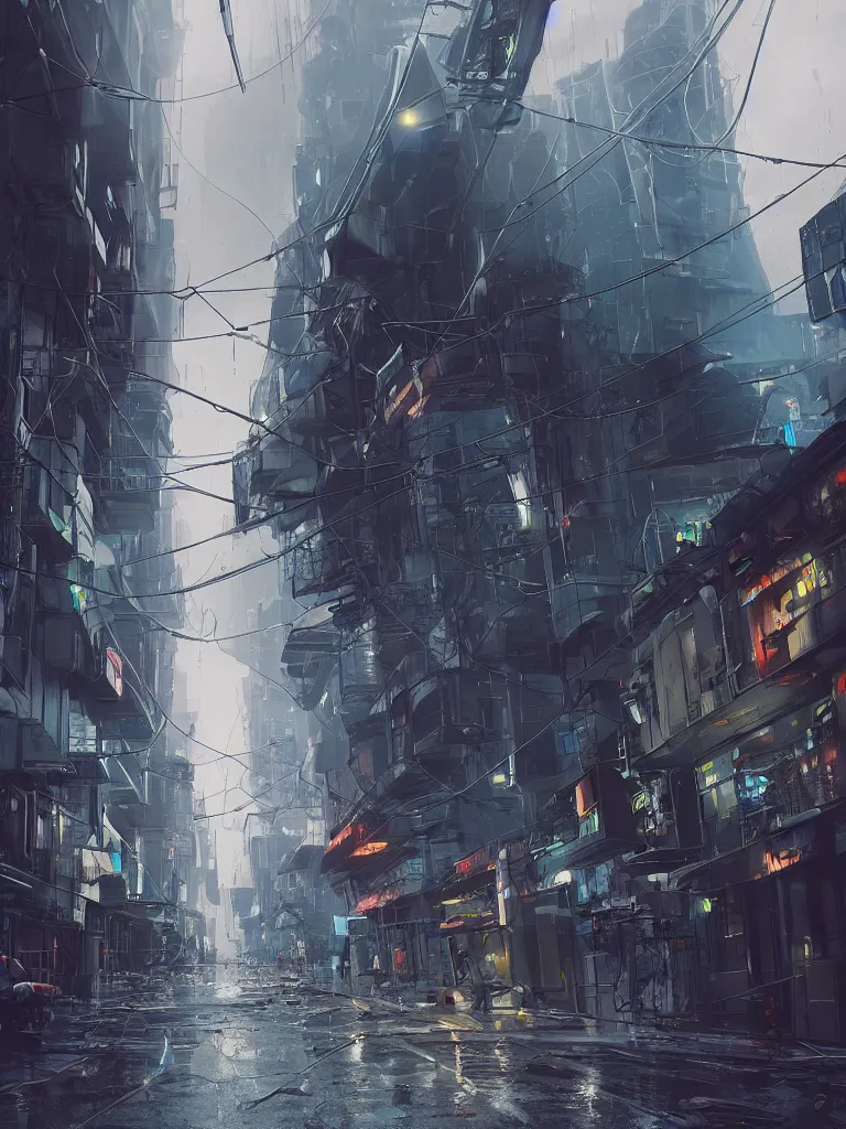 Image similar to futuristic diselpunk street, hanging cables, narrow, garbage on the ground. rain. fog, haze, evening. led screens. golden hour. volumetric lighting. cables on the ground. very messy. futuristic. photorealistic. artstation. anime. studio gimbli style