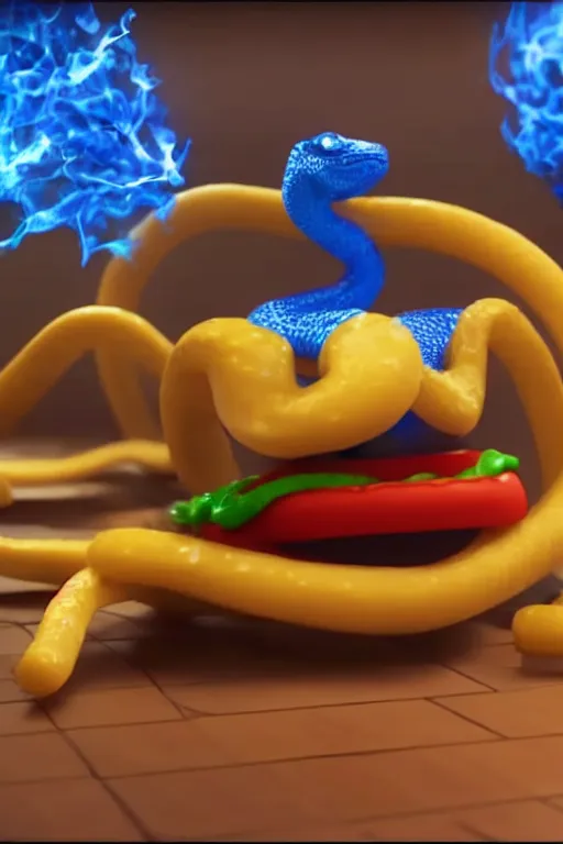 Image similar to a mc donalds commercial with a 3d snake spitting blue fire which is revealing realistic fries, commercial, 3d render, Mc donalds, 4k, sharp, by Beeple, Octane Render, cinema 4d