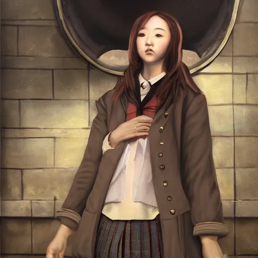 Image similar to a perfect, realistic professional oil painting in baroque style, of a Japanese schoolgirl posing in a dystopian alleyway, close-up, by a professional American senior artist on ArtStation, a high-quality hollywood-style concept