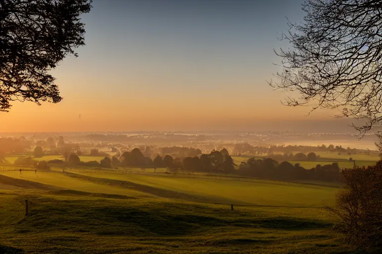 Prompt: A landscape photograph showing the city of Salisbury viewed from Old Sarum at sunrise, lighting by Albert Bierstadt, misty!!!, beautiful light, cinematic, morning light, dawn, English countryside, award winning photography, highly detailed, 24mm, fujifilm