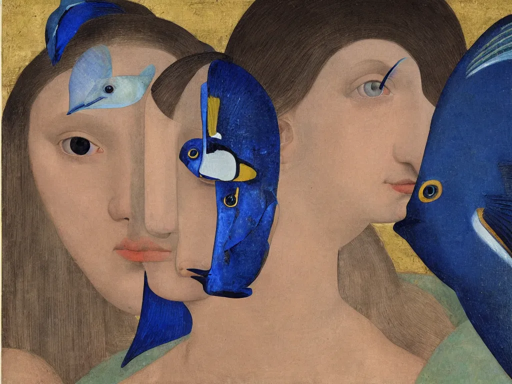 Image similar to portrait of a woman head with close up exotic blue - faced angelfish fish. lapis lazuli, malachite, cinnabar, gold. painting by piero della francesca, balthus, agnes pelton