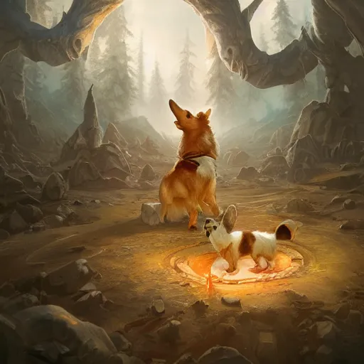 Prompt: thaumaturgist corgi, magical aura, d & d character art, fantasy, highly detailed digital illustration, hyperrealistic, greg rutkowski, trending on artstation