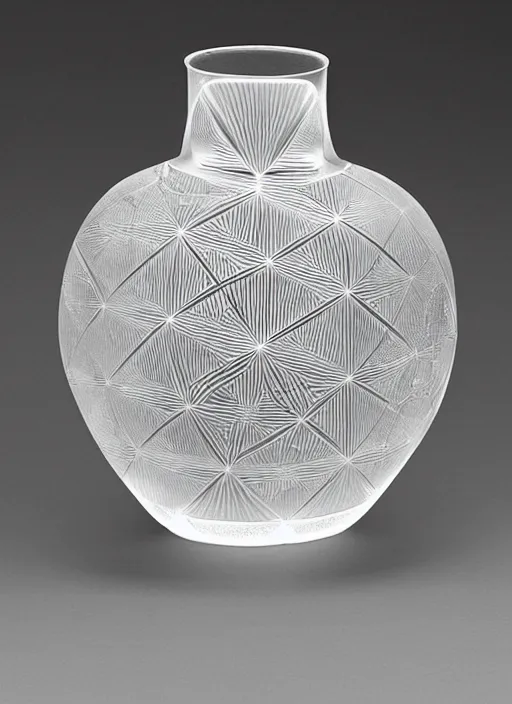 Prompt: Vase in the shape of impossible geometry by Escher, designed by Rene Lalique, found in a sunken ship treasure, 200 BCE