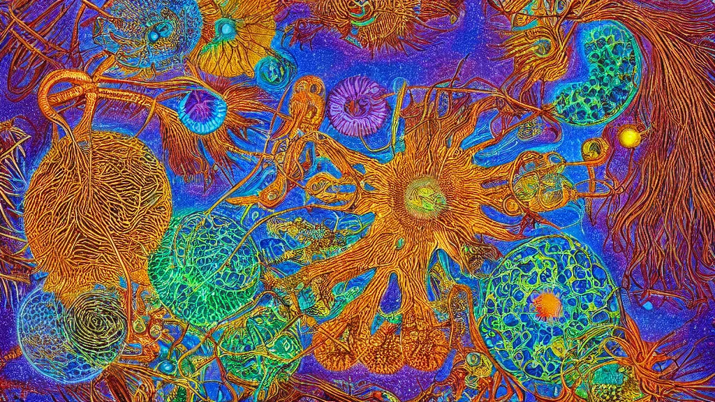Image similar to quantum connections represented as symbiotic organisms like cells playing around with colorful lights by ernst haeckel, liquid