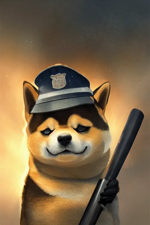 Prompt: shiba inu wearing a police uniform, holding a baseball bat on his hand, highly detailed digital art, atmosphere, glow, lens flare, cinematic lightning, hyperrealistic, focused, extreme details, 4 k, ultra detailed, trending on artstation, masterpiece, digital art.