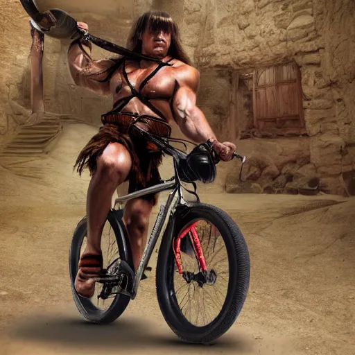 Image similar to Conan barbarian ride bycicle, photorealistic