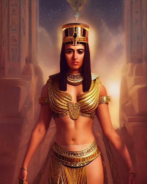 Image similar to Jessica Kahawaty as a beautiful egyptian princess, gorgeous, portrait, Symmetrical, powerful, intricate, beautiful, masterpiece, elegant, volumetric lighting, highly detailed, artstation, sharp focus, no cropping, illustration, Jean-Leon Gerome , ruan jia