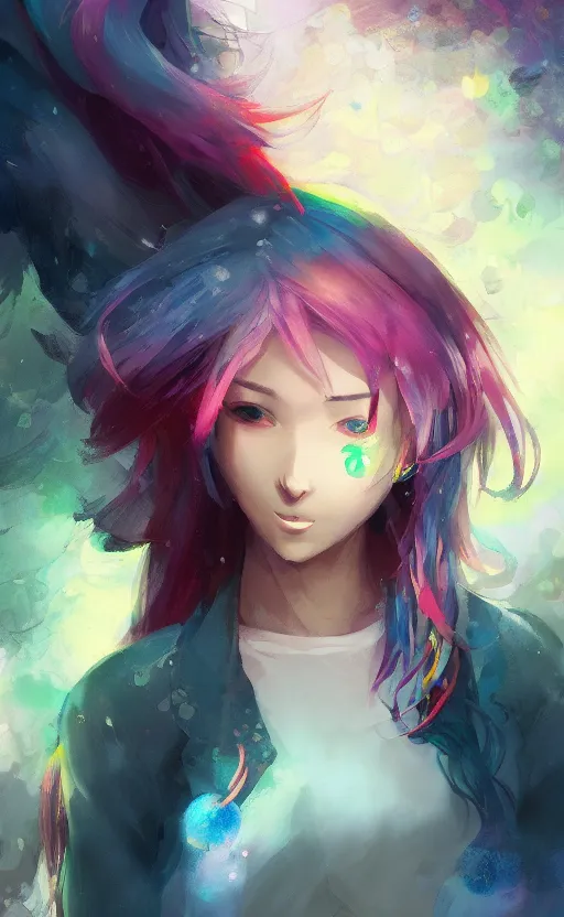 Prompt: a kawaii woman with rainbow hair, soft eyes and narrow chin, dainty figure, long hair straight down, kawaii shirt and jeans, In style of by Jordan Grimmer and greg rutkowski, concept art, highly detailed