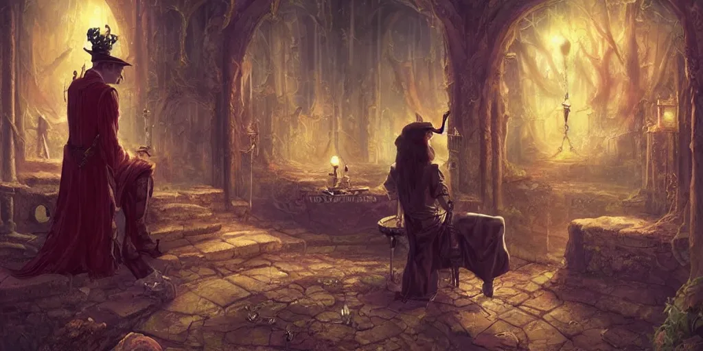 Image similar to lonely aristocrat examining the mysteries of tarot cards, magical atmosphere in the background,, fantasy art, matte painting, high quality, digital painting, artwork by tony sart
