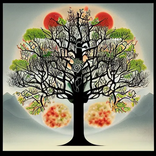 Prompt: a tree representing the four seasons and the cycle of life and death, by victor ngai