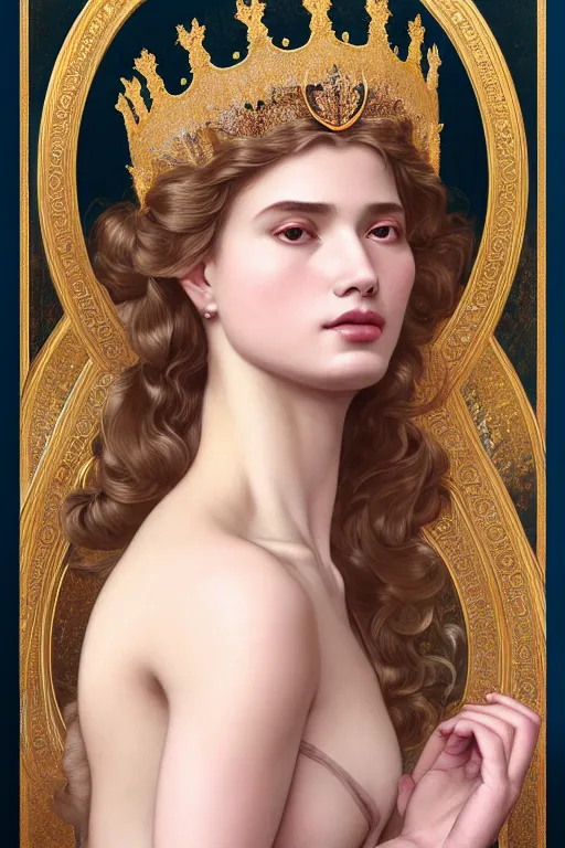 Image similar to body portrait of beautiful roman young pincess wearing a flowing silk robe, wearing a crown of laurel, full body portrait of a young beautiful woman swimming low angle by terry o'neill intricate, elegant, highly detailed, digital painting, artstation, concept art, smooth, sharp focus, illustration, art by artgerm and greg rutkowski and alphonse mucha, 8 k