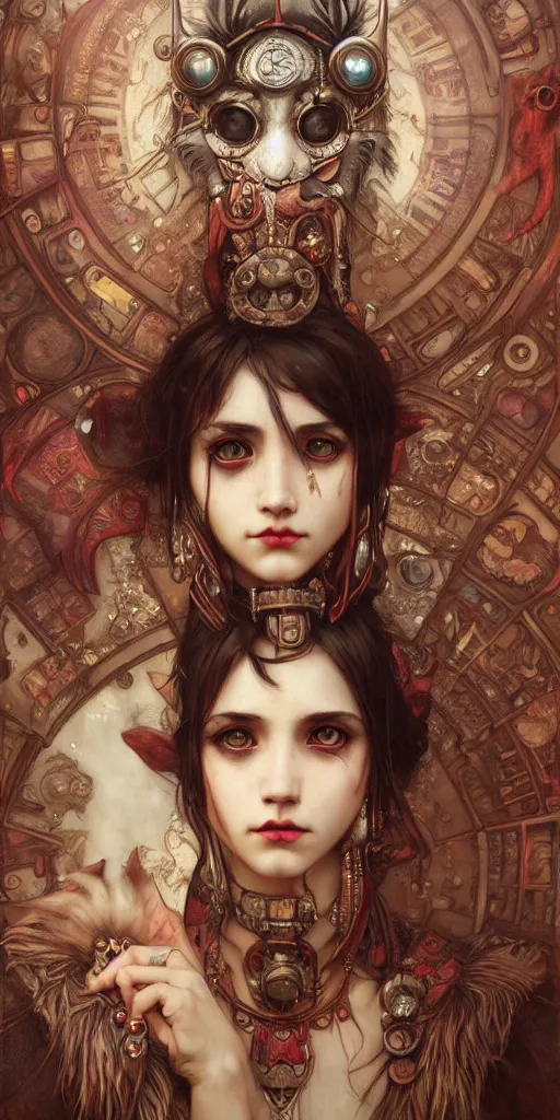 Prompt: hyper realistic Princess Mononoke, ornate mask, wet market street, cyberpunk metropolis, city landscape, jewels, style of tom bagshaw, mucha, james gurney, norman rockwell, denoised, sharp