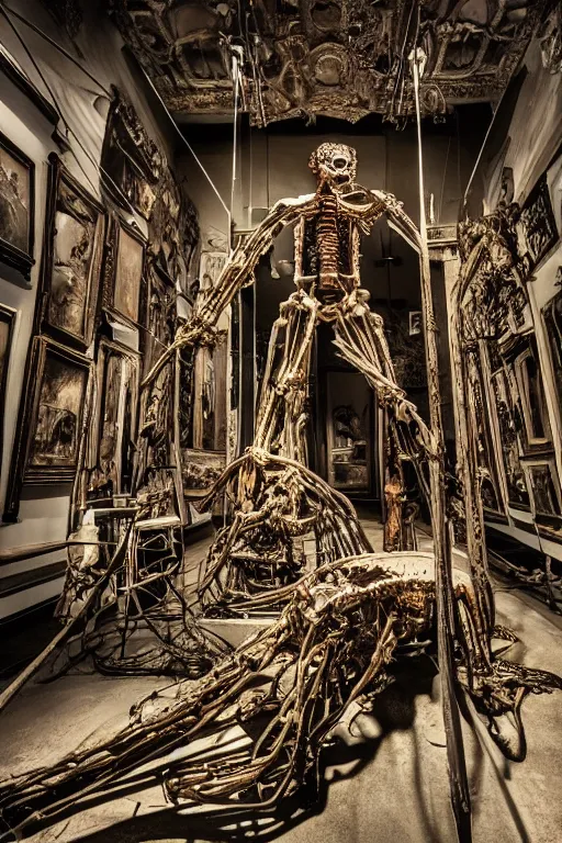 Image similar to inside a museum, a room where body parts are piece of arts at night biomechanical, filth and grim, wires and strings, very detailed, ultra realistic photography, grainy image