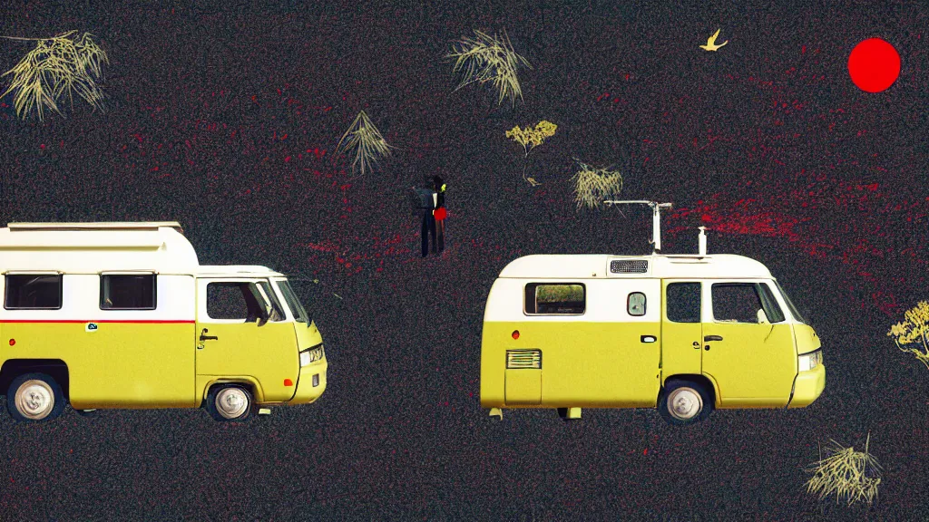 Prompt: japan various natural splendor and rural wonders, camper touring, a collage painting, in the style of wes anderson, lola dupre, david hockney, isolated on negative space background dark monochrome neon spraypaint accents volumetric octane render