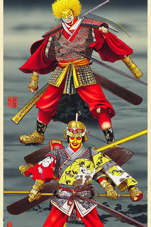 Image similar to poster of ronald mcdonald as a samurai, wearing sengoku - era shogunate armor and helmet, by yoichi hatakenaka, masamune shirow, josan gonzales and dan mumford, ayami kojima, takato yamamoto, barclay shaw, karol bak, yukito kishiro